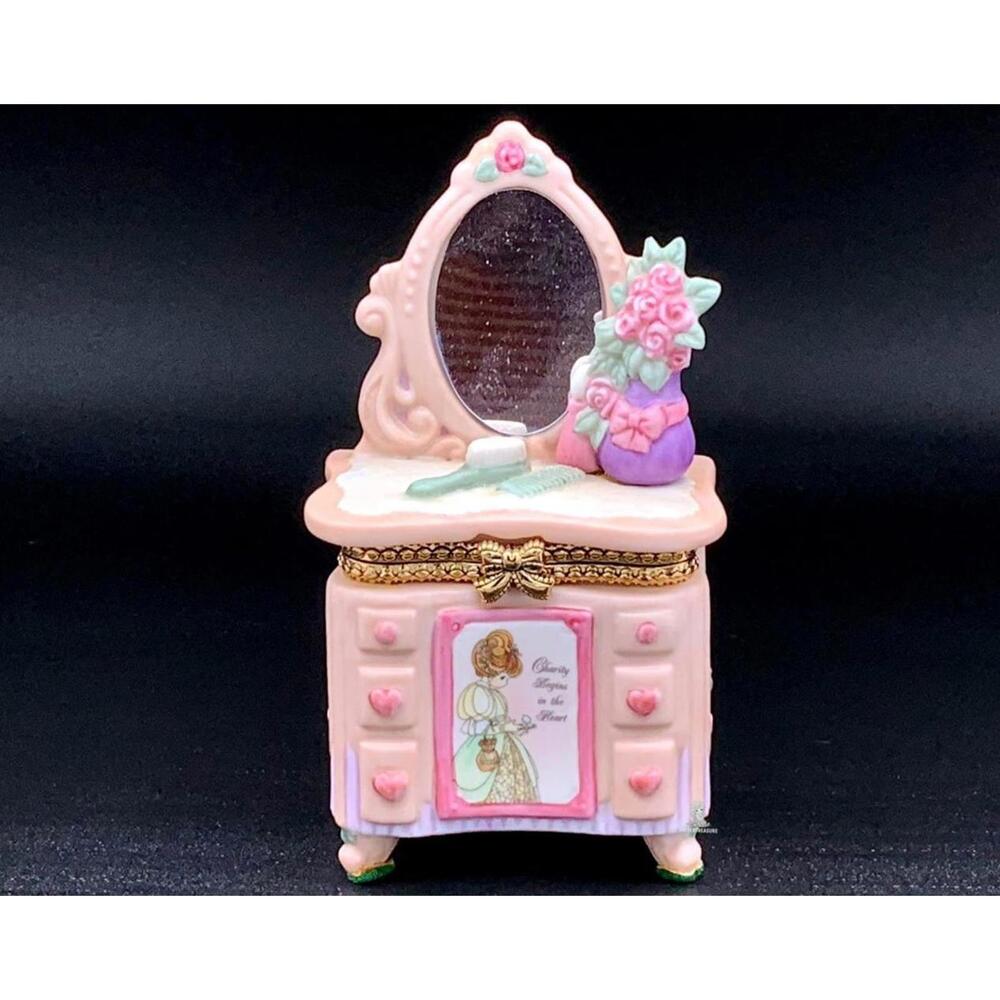 Precious Moments Victorian Vanity Trinket Box Mirror Roses Dresser Decor